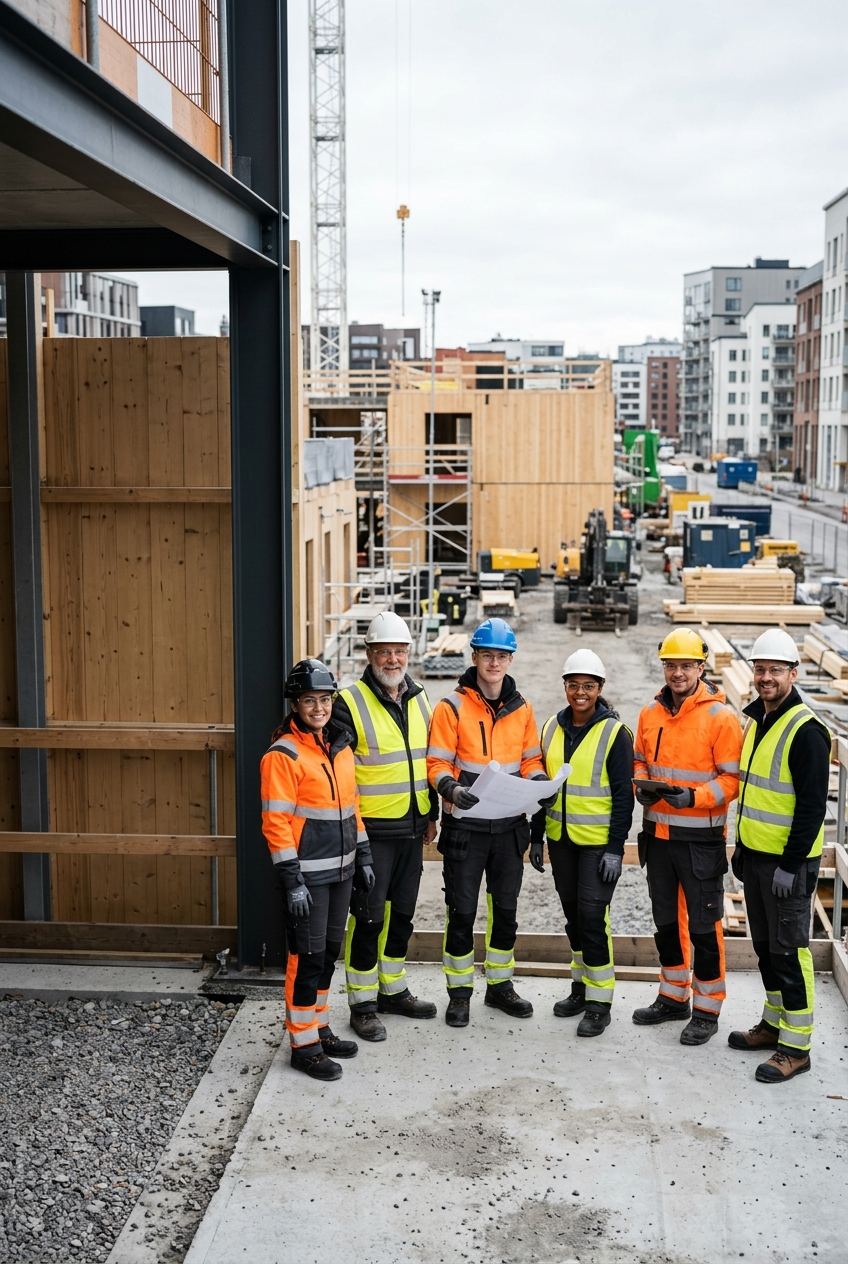 Construction professionals coordinating on a Nordic building site